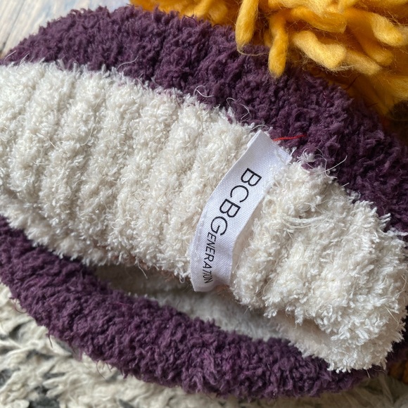 Striped Multicolor Winter Hat with Mustard Yellow Huge Pom Pom - Picture 5 of 5